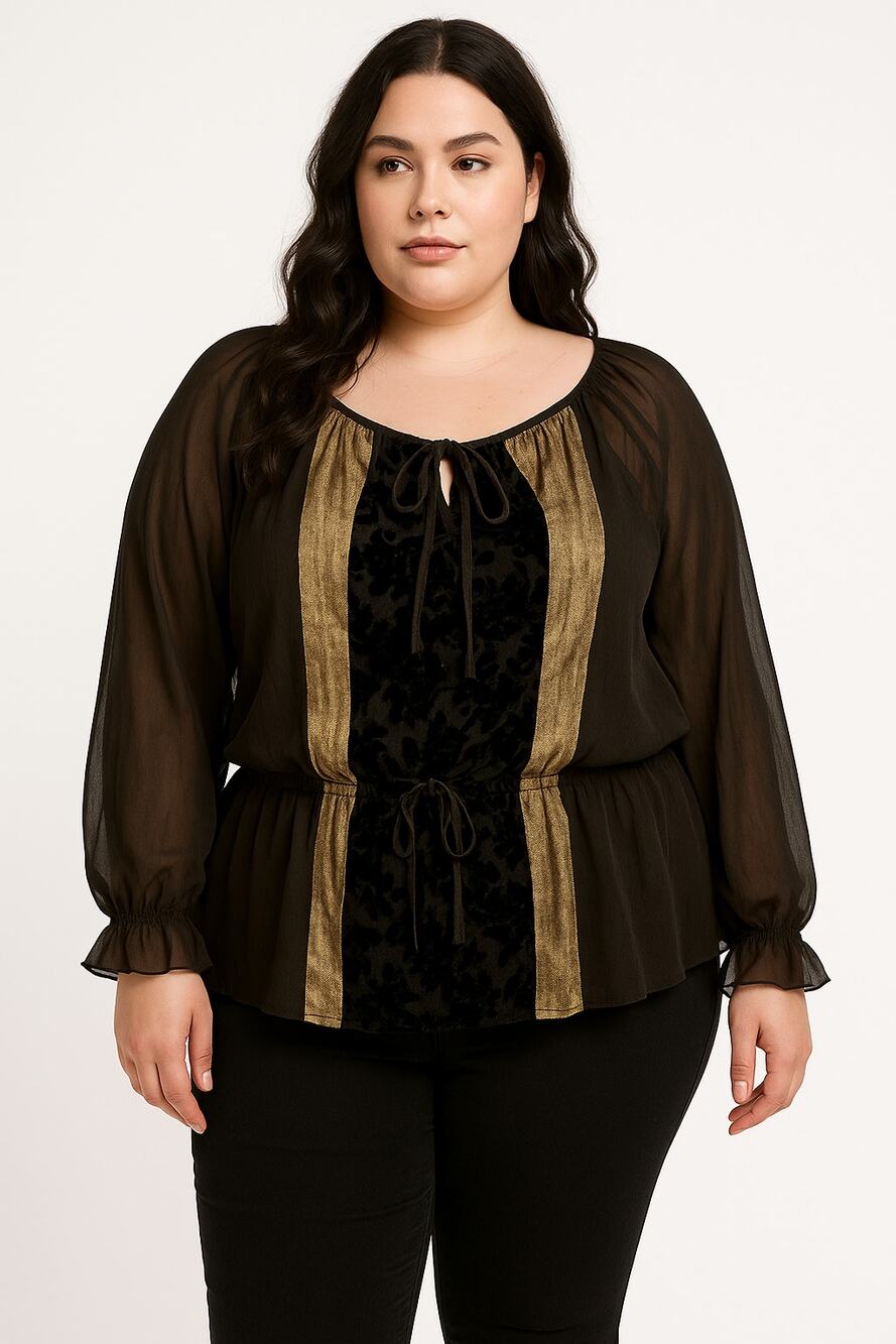 Ashley Stewart Sheer Boho Peasant Top Black Velvet Gold Metallic Trim 18/20